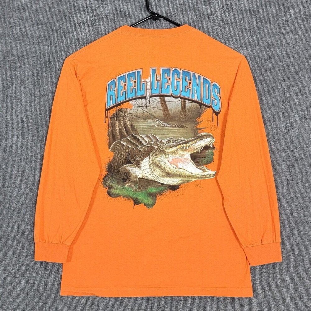 Reel Legends T-Shirt Mens Large Neon Orange Long Sleeve Alligator Graphics Print